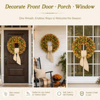 Vlorart 20 Inch Fall Wreaths for Front Door, Handmade Fall Boxwood Wreath with Cream Linen Sash, Waterproof and UV Resistant Outdoor Autumn Wreath for Farmhouse Porch, Window and Thanksgiving Decor - Image 2