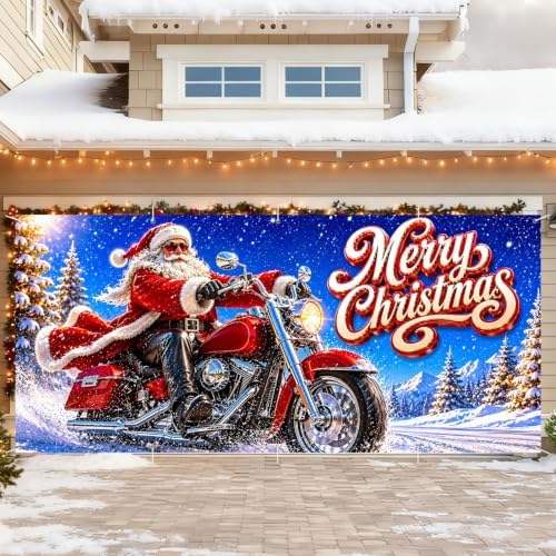 7x16FT Christmas Santa Claus Motorcycle Garage Door Cover Decorations Christmas Garage Door Banner for Outdoor Indoor Christmas Decorations Party Photography Backdrop - Image 4