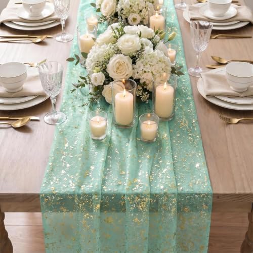 Artoid Mode 6Pcs Turquoise Gauze Gold Table Runner 10FT, Glitter Metallic Foil Sheer Dining Wedding Anniversary Holiday Table Decor for Home Party - Image 3