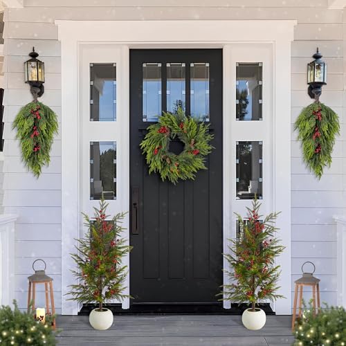 Glitzhome 24 Inch Christmas Wreaths for Front Door, Artificial Greenery Wreath with Pine Cones and Red Berries for Windows, Walls, Porches, Indoor and Outdoor Home Decoration - Image 7
