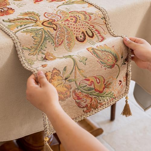 Floral Embroidered Table Runner 108 Inches Long Non-Slip Chenille, Beige - Image 6