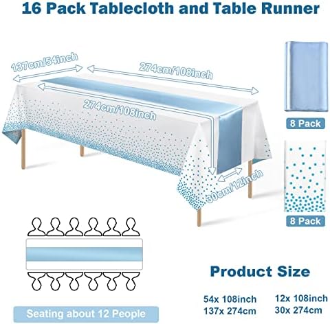 16Pack Disposable Plastic Tablecloths and Satin Table Runner Set White and Light Blue Dot Tablecloth Blue Satin Table Runner for Wedding Birthday Baby Shower Anniversary Engagement Xmas Party Supplies - Image 2