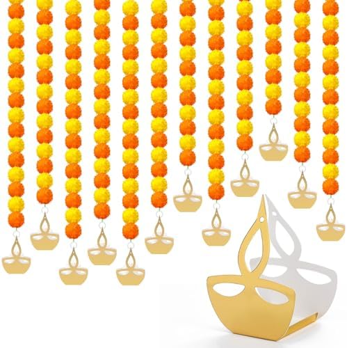 Norme 12 Pcs Marigold Garland 2.6 ft Long Strands Artificial Marigold Flowers Garland with Pendant Flower String Indian Diwali Decorations for Pooja Indian Wedding Dia De Los Muertos(Orange Yellow) by Norme