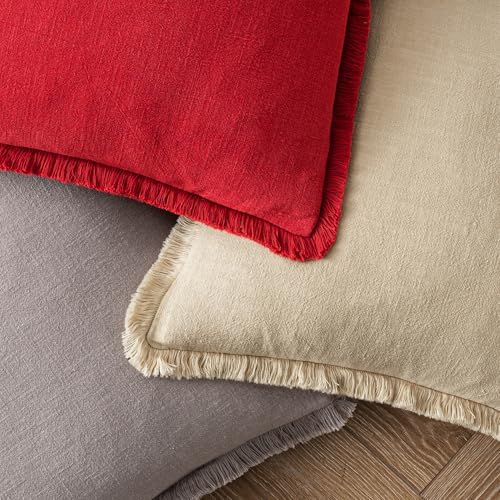MIULEE Boho Linen Fringe Decorative Euro Throw Pillow Covers Red 24x24 - Image 4