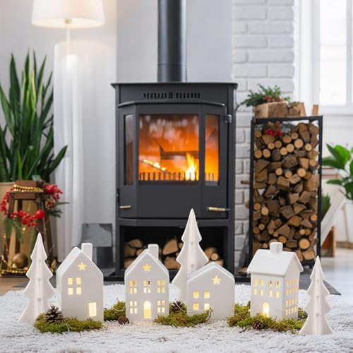 Newtay 7 Pcs White Ceramic Christmas Village Houses with Lights Sets - Image 5
