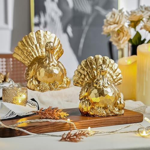 FESTGLOX Thanksgiving Turkey Decor, Gold Resin Turkey Figurine Table Decor - Image 4