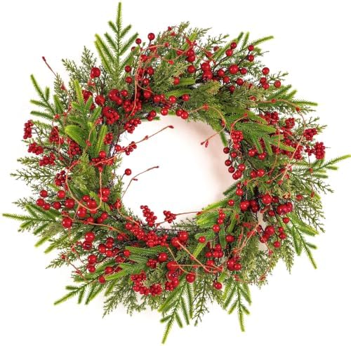 24" Christmas Wreaths for Front Door with Norfolk Pine Xmas Needle Red Berry for Winter Holiday Window Porch Wall Indoors Outdoor by Unknown