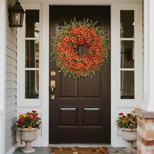 26" Large Artificial Eucalyptus Silk Flower Wreath for Outdoor(Fall Orange) - Image 5