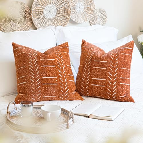 BlissBlush Decorative Throw Pillow Covers 20X20 Set of 2, Brick Red Boho Farmhouse Cushion Cover, Cozy Soft Accent Pillowcase for Couch Sofa Bed Living Room Home Décor by BlissBlush