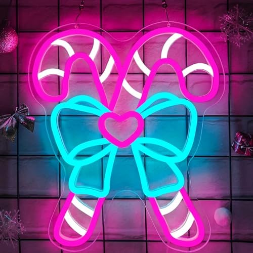 Pink Candy Canes Neon Sign Candy Christmas Neon Sign for Wall Decor Pink Christmas Decor Led Sign with Bow Xmas Neon Light Up Signs for Window Bedroom Holiday Xmas Party Home Decoration Gift Winter - Image 2