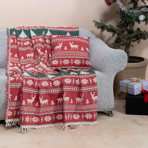Christmas Throw Blanket & Pillow Cover Set – Cozy Cotton Holiday Décor, Reversible Festive Bedding & Sofa, Machine Washable Seasonal Home Decoration, Gift-Ready Packaging by MylasaHome