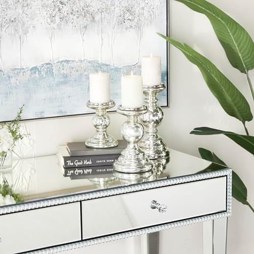 Deco 79 Glass Decorative Candle Holder Turned Style Pillar Candle Stand, Set of 3 Candlestick Holder 10", 8", 6"H, Silver - Image 5
