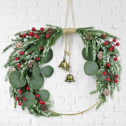 Christmas Wreath Decoration Norfolk Pine Wreath for Front Door 13.8" Artificial Pine Greenery Decor with Pinecones Red Berries Eucalyptus Leaves Bells for Xmas Winter Holiday Party Home Walls Decor by Kuabiz