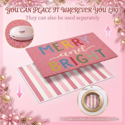 Moucuny 2 Pcs Christmas Door Mat Outdoor, Pink Merry and Bright, Non Slip - Image 4