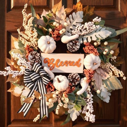 Fall Wreath for Front Door,Autumn Harvest Porch Decor,22inch Blessed Fall Door Wreaths with White Pumpkin,thanksgving Farmhouse Decoration with Ribbon Bow for Indoor Outdoor, Front Door Wreaths by Vofuly