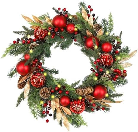 24 inch Christmas Wreath, Christmas Wreath for Front Door, Christmas Door Wreath Decor for Xmas Indoor Outdoor Holiday Decor (Red Ball) by ArtificialFlowerforDecor