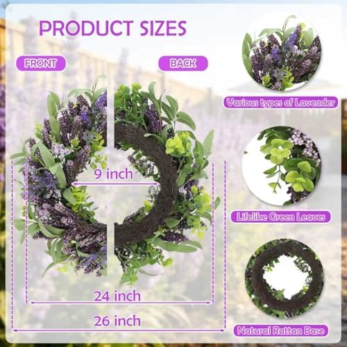 26 Inch Lavender Wreath for Front Door, Spring Summer Purple Flower Wreath with Eucalyptus Leaves for Indoor Outdoor Wall Window Wedding Festival Decor for All Seasons - Image 3