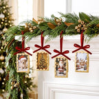 Qunclay 6 Pcs 2 x 3 Christmas Brass Picture Frame Ornaments Xmas Metal Double Glass Hanging Photo Frame with Burgundy Velvet Ribbon for Christmas Tree Decorations(Gold Burgundy, Scalloped Rectangle) - Image 2