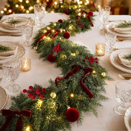9FT Christmas Garland with Lights Ornaments Realistic Preit Cedar Garland - Image 5