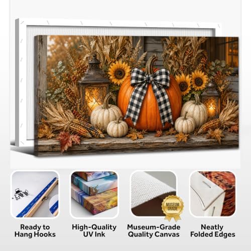 WAXWHELK Pumpkin Fall Canvas Wall Art, Lanterns Sunflowers and Gingham Bow Rustic Farmhouse Painting Pictures, Pumpkin Autumn Thanksgiving Artwork Decor for Bedroom Living Room (16"x32") - Image 6
