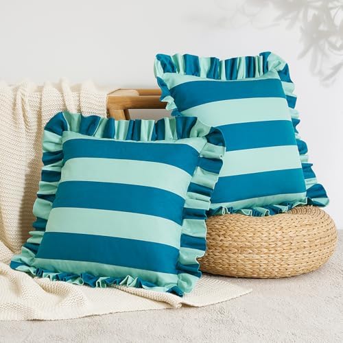 MONDAY MOOSE Decorative Throw Pillow Covers, Set of 2 Water-Resistant Striped Design with Ruffle Edge for Outdoor/Indoor Use, Pillow Inserts Not Included (18x18 inch, Blue/Light Blue) by MondayMoose
