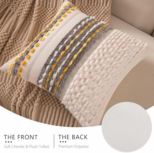 Boho Chenille Tufted Couch Throw Pillow Covers 18x18 Inch Set of 2 Farmhouse Striped Decorative Pillow Covers Accent Neutral Pillowcase Grey Yellow Cushion Cover for Living Room Sofa Bed - Image 4