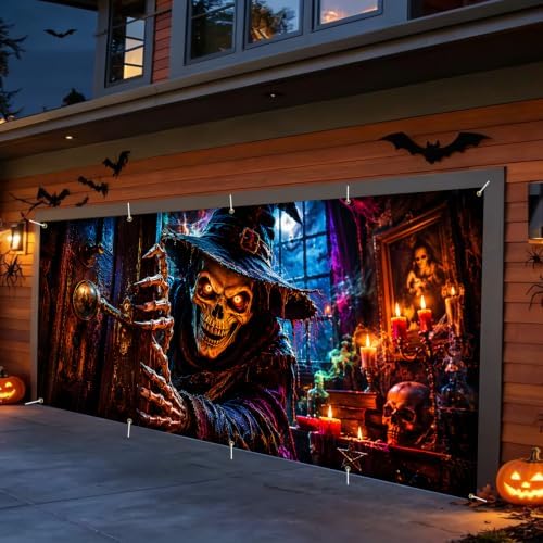 Gothic Halloween Garage Door Banner 7x16ft, Spooky Skeleton Wizard Opening Door Outdoor Decoration, Witch Hat Demon Claws Double Garage Door Cover Tapestry Mural for House Front Holiday Decor - Image 6