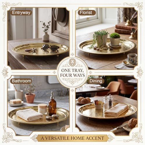 Hushee 15.7 Inch Gold Metal Decorative Tray with Feet Vintage Round Embossed Coffee Table Serving Tray for Candles Jewelry Living Room Entryway Dining Room - Image 4