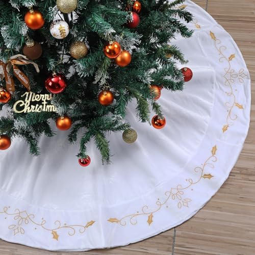 60inch Extra Large Christmas Tree Skirt White Luxury Velvet Plush Fur Skirts with Gold Embroidery Xmas Velvet Tree Skirt Holly Leaves Gold Embroidered Trees Skirts for Christmas Holiday Party Decor by QOUBAI