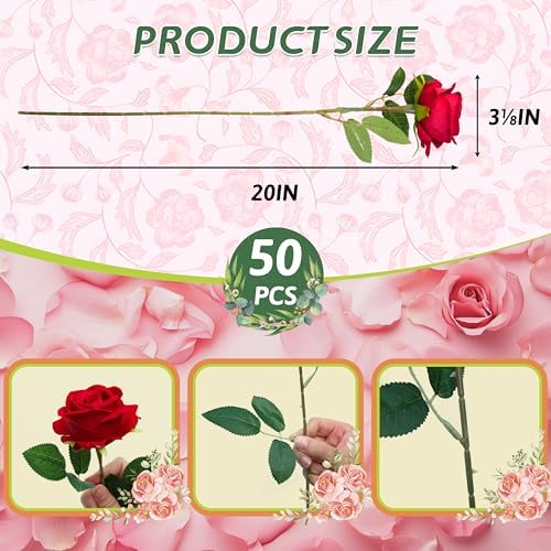 50PCS Fake Red Roses, Artificial Red Flowers Bulk - Image 2