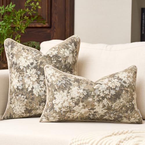 FANAMI Vintage Floral Throw Pillow Covers 18x18 Set of 2 Boho Farmhouse Accent Pillowcase Neutral Modern Chenille Square Decorative Cushion Covers for Couch Sofa Bed Living Room Home Decor, Beige - Image 4