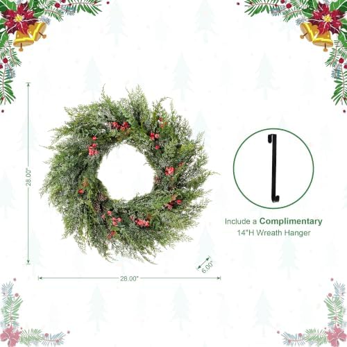 Glitzhome 28"D Christmas Greenery Wreaths,Snow Flocked Artificial Wreath Mixed PE Dripping Wreath with Pinecones & Red Berries, Winter Christmas Wreath for Front Door, Wall, Windows, Home, Xmas Decor - Image 3