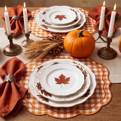 Fall Placemat Set of 6 Cotton Scalloped Gingham Placemat, Orange, 17" x 13" - Image 3