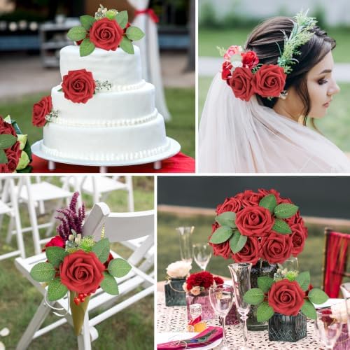 AmyHomie Red Rose 100pcs Real Looking Artificial Flowers w/Stem - Image 4