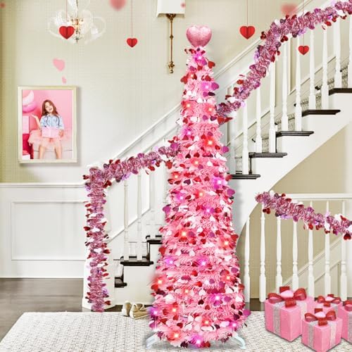 Valentines Day Decorations 5Ft Pink Valentines Christmas Tree with Lights Timer Battery Operated Pop Up Artificial Tree with Heart Ornaments, Heart Topper Decorations for Indoor Home Outdoor Office - Image 5