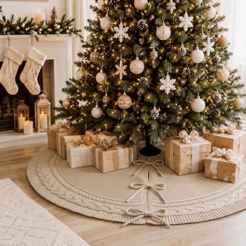 Hollowfly 48 Inch Khaki Christmas Tree Skirt for 7.5ft Tree Cable Knitted by Hollowfly
