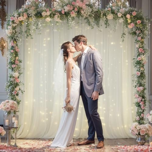 10x10ft Ivory Tulle Backdrop Curtain with Lights String for Parites, Sheer Photo Backdrop Curtain Drapes for Wedding Baby Shower Birthday Party Photo Shoot Decorations - Image 3