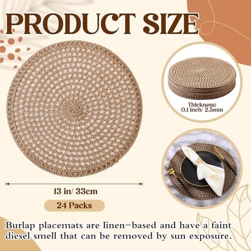 24 Pcs 13 Inch Round Jute Woven Placemat Burlap Boho Charger - Image 2