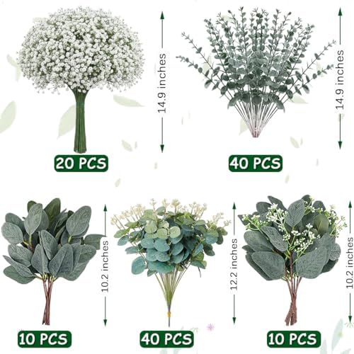 Mixed Eucalyptus Leaves Stems Bulk Artificial Silver Dollar Leaves Picks Dried Eucalyptus Bundle Faux Spray for Wedding Vase Bouquet Decor (120, Green/White) - Image 5