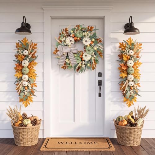Sggvecsy Fall Wreath 23’’for Front Door with Bows for Thanksgiving Autumn - Image 2