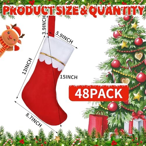 48Pcs 17" Felt Christmas Stocking Bulk, Red Christmas Socks Bulk with White Cuff Golden Trim, Christmas Hanging Ornaments Xmas Decoration for Mantel Door Window Holiday Home Décor - Image 2