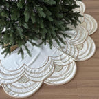 60-Inch Beaded Scalloped Christmas Tree Skirt in Foam-Lined Satin, Button-Loop Closures, Pearl White by StarryDynamo
