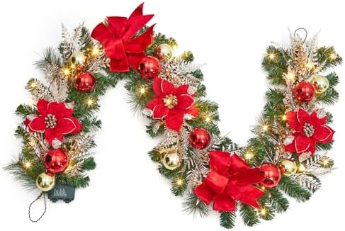 Garvee 6 Feet Christmas Garland with Lights & Red Poinsettias for Mantle by Garvee