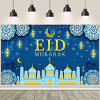 AIBIIN Eid Mubarak Backdrop Banner Blue Gold Themed Party Decorations for Eid Mubarak Ramadan Party Supplies Banner Photo Booth Prop 94.48 x 70.8 Inch by AIBIIN