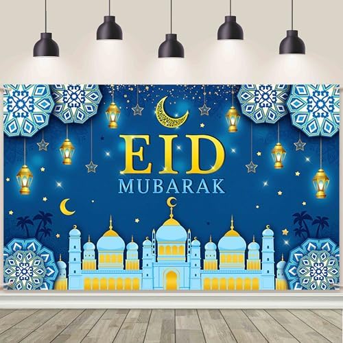 AIBIIN Eid Mubarak Backdrop Banner Blue Gold Themed Party Decorations for Eid Mubarak Ramadan Party Supplies Banner Photo Booth Prop 94.48 x 70.8 Inch by AIBIIN