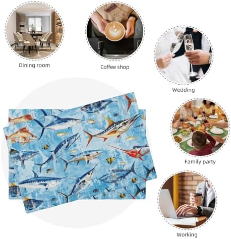 Blue Fish Placemats Set of 6 Fishing Table Mats Ocean Place Mats Decor Imitation Linen Heat Resistant Tablecloth for Dining Decorations Kitchen Party Restaurants 12''x18'' - Image 7