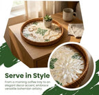 Boho Handwoven Rattan Tray with Mother of Pearl Inlay, 35cm Round Decorative Tray, Wooden Base Serving Tray for Breakfast, Vanity, Coffee Table & Wall Hanging Decor (Size:Big, Pattern:Seaweed) - Image 4