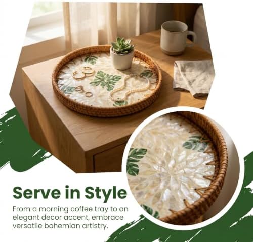 Boho Handwoven Rattan Tray with Mother of Pearl Inlay, 35cm Round Decorative Tray, Wooden Base Serving Tray for Breakfast, Vanity, Coffee Table & Wall Hanging Decor (Size:Big, Pattern:Seaweed) - Image 4