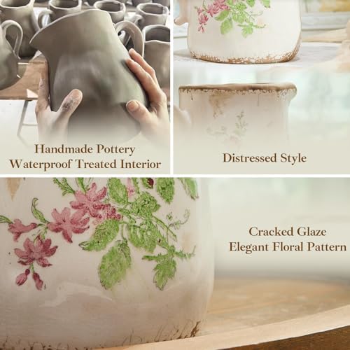 Retro Rustic Large Ceramic Vase with Handle, Distressed Farmhouse Pitcher for Home, Ideal Shelf Decor, Red Rose Floral Vase for Living Room Bedroom Office Table Centerpiece Decorations 9 Inch - Image 4