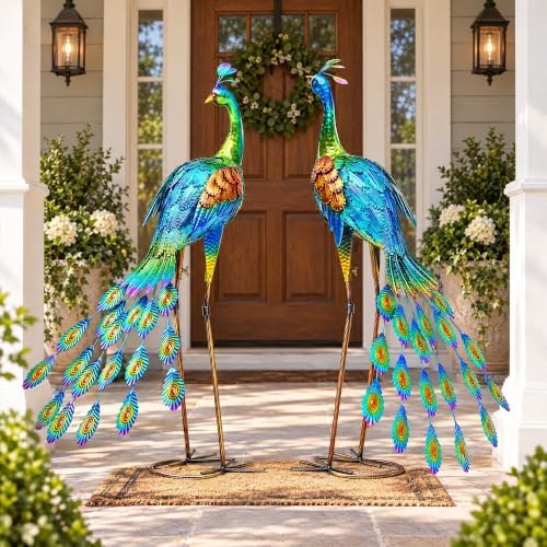 32" Peacock Decor Metal Yard Art Set of 2,Large Outdoor Statue - Image 5